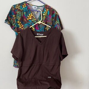 Grey's Anatomy Women’s  V-Neck Scrub Top (Brown) & Life brand print- lot of 2